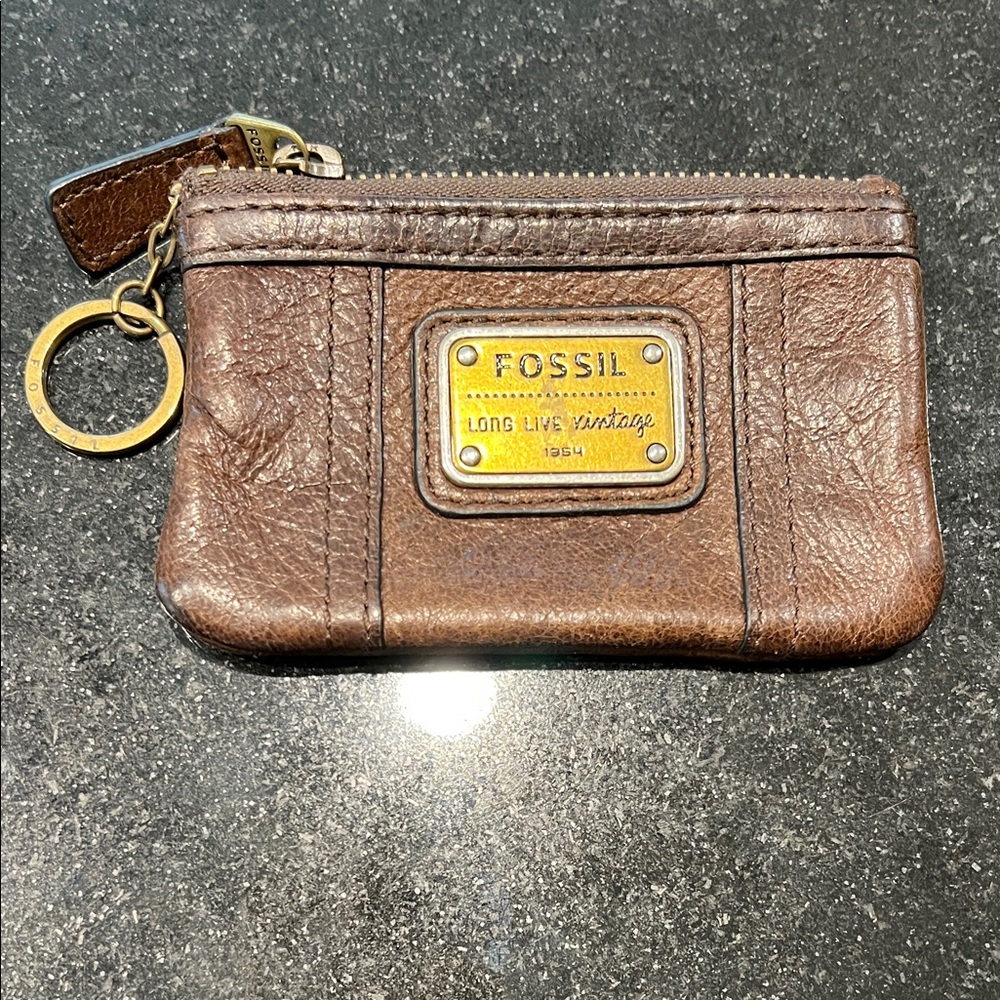 Fossil Brown Leather Pouch with Gold Plate